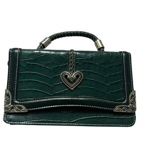 Vintage Green Crocodile Embossed Leather Organizer Purse Silver Heart Filigree